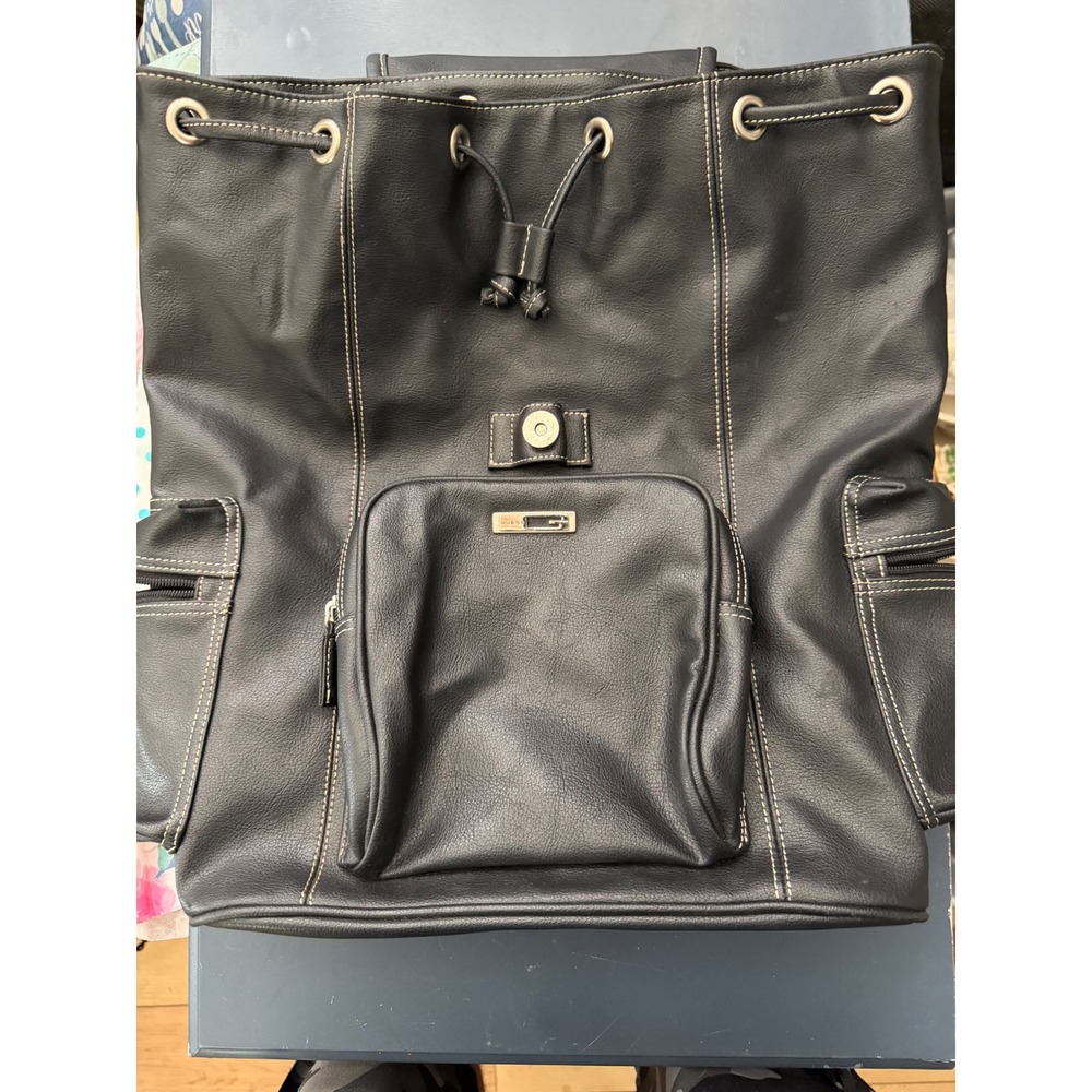 GUESS Black Faux Leather‎ Drawstring Backpack Contrast Stitching Gold Hardware